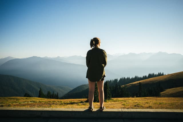 A person stands facing a vast mountainous landscape under a clear sky