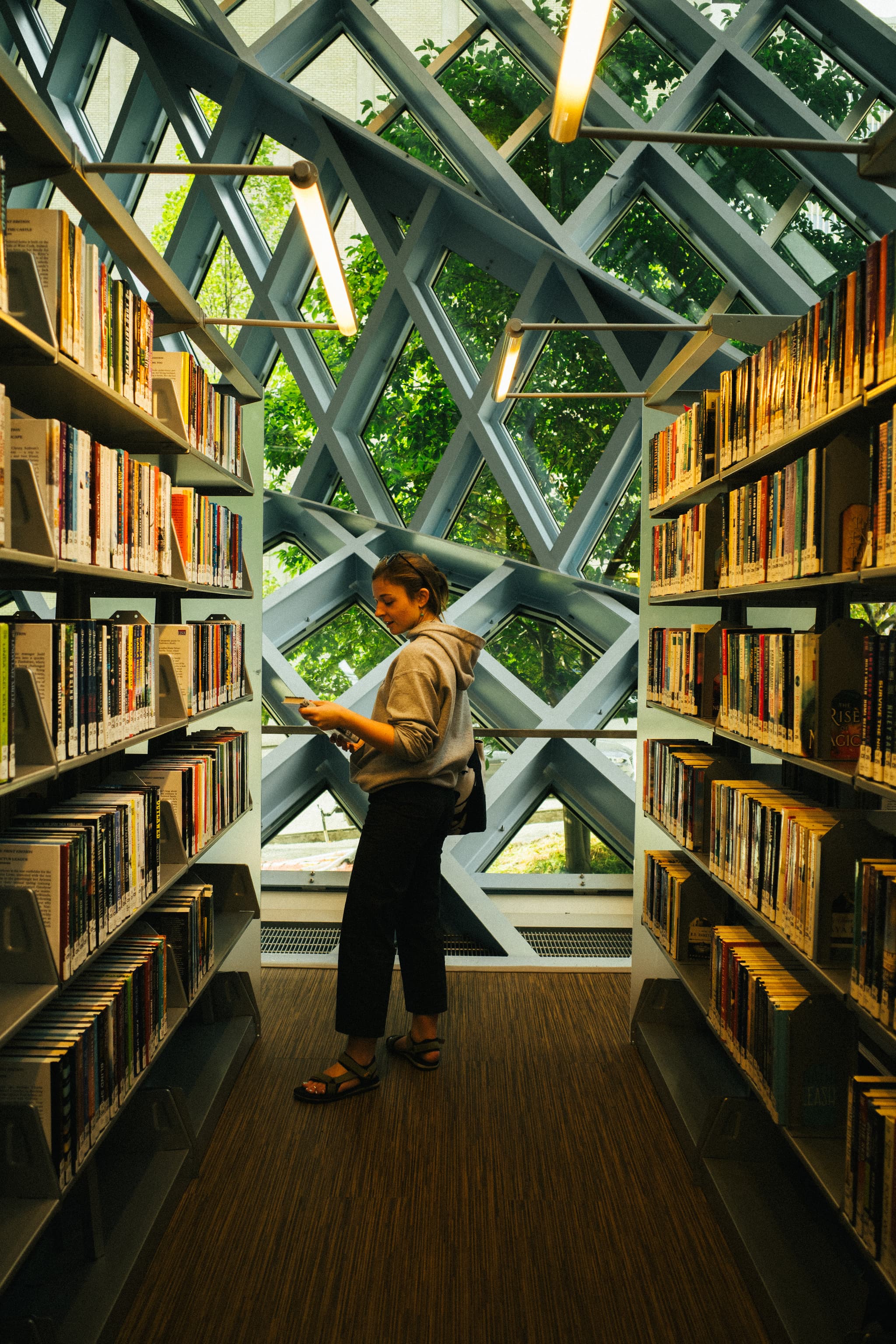 A person stands reading a book in a modern library with geometrically patterned windows and shelves filled with books