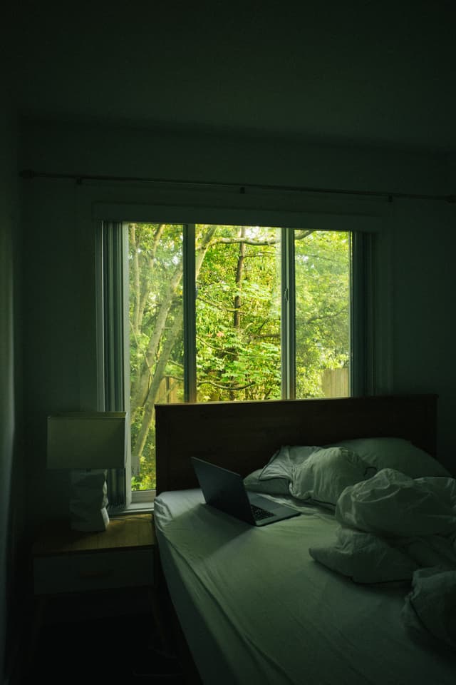 A dimly lit bedroom with an unmade bed, a nightstand with a lamp, and a window overlooking green trees